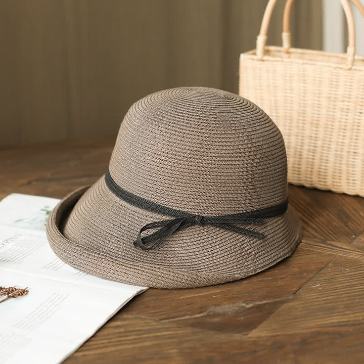 Chapeau de paille pliable à bord roulé de style simple pour femme