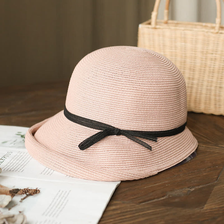 Chapeau de paille pliable à bord roulé de style simple pour femme