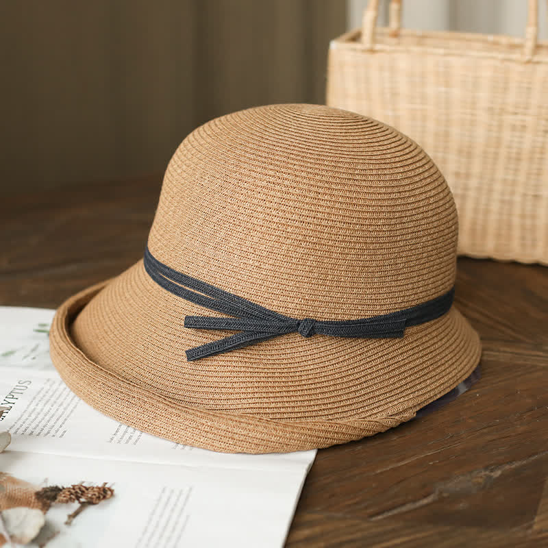 Chapeau de paille pliable à bord roulé de style simple pour femme