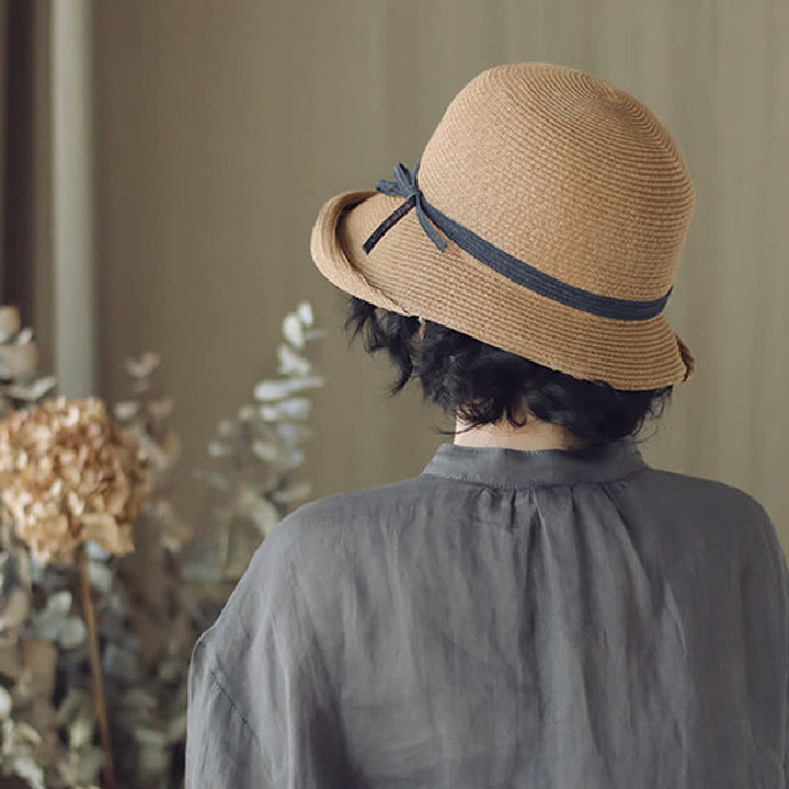 Chapeau de paille pliable à bord roulé de style simple pour femme
