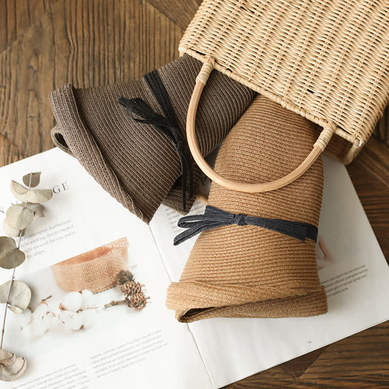 Chapeau de paille pliable à bord roulé de style simple pour femme