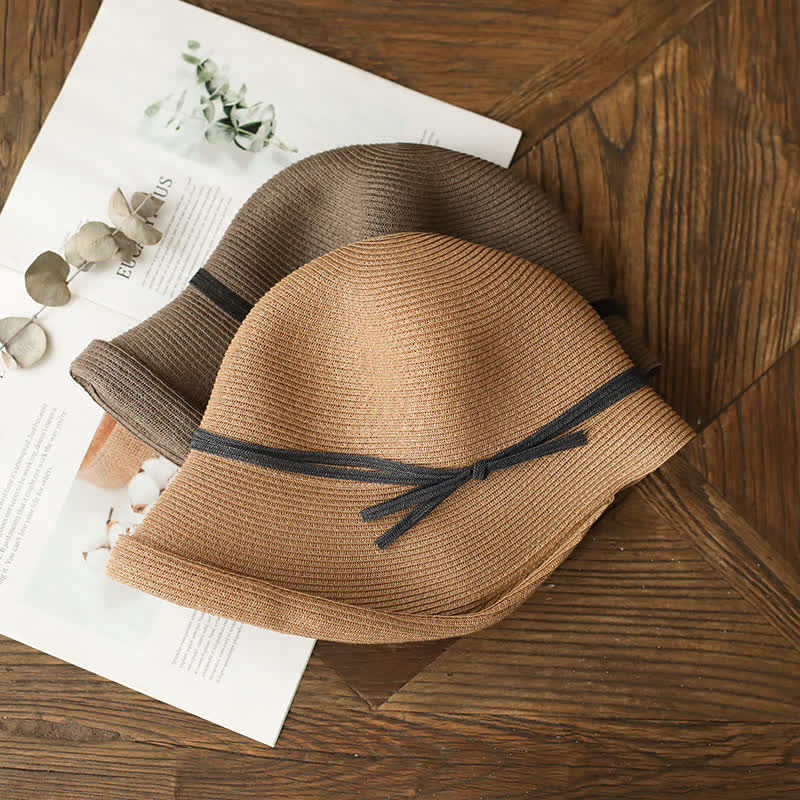 Chapeau de paille pliable à bord roulé de style simple pour femme