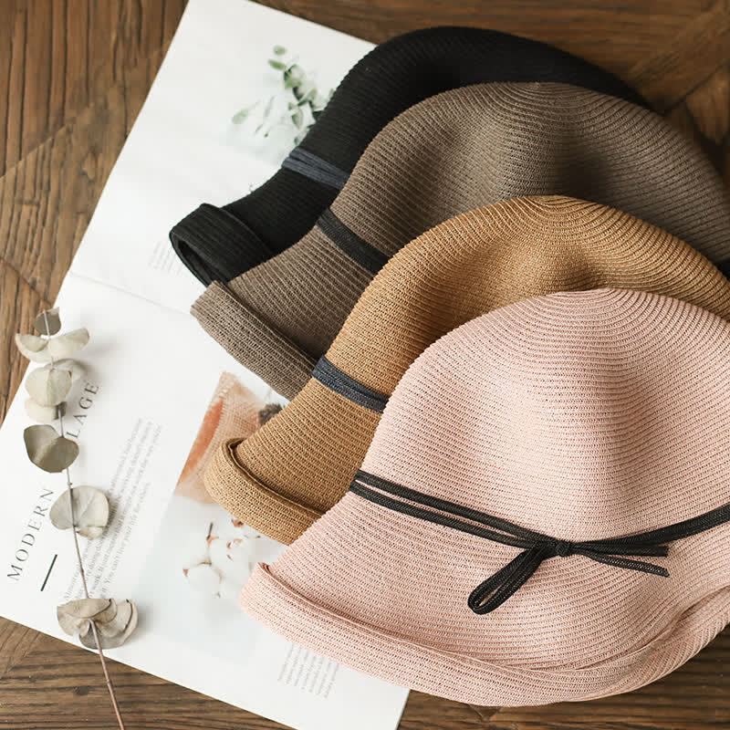 Chapeau de paille pliable à bord roulé de style simple pour femme