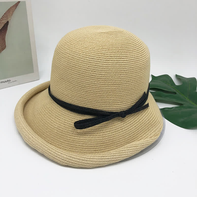 Chapeau de paille pliable à bord roulé de style simple pour femme