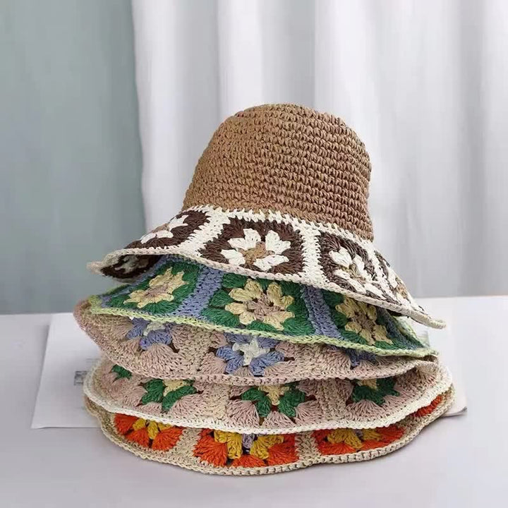 Chapeau de paille pliable en crochet à fleurs tissé pour femme