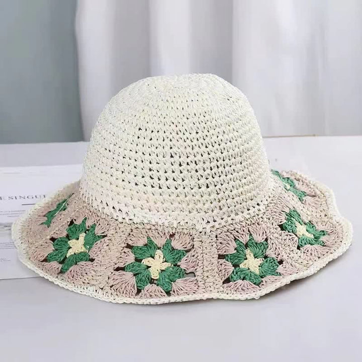 Chapeau de paille pliable en crochet à fleurs tissé pour femme