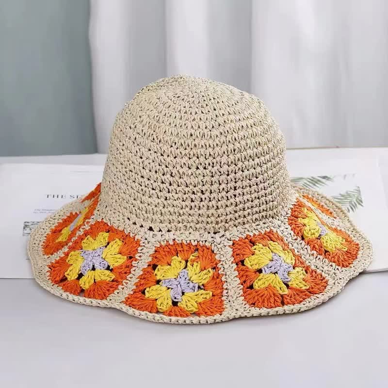 Chapeau de paille pliable en crochet à fleurs tissé pour femme