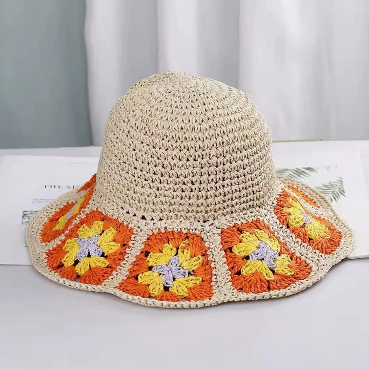 Chapeau de paille pliable en crochet à fleurs tissé pour femme