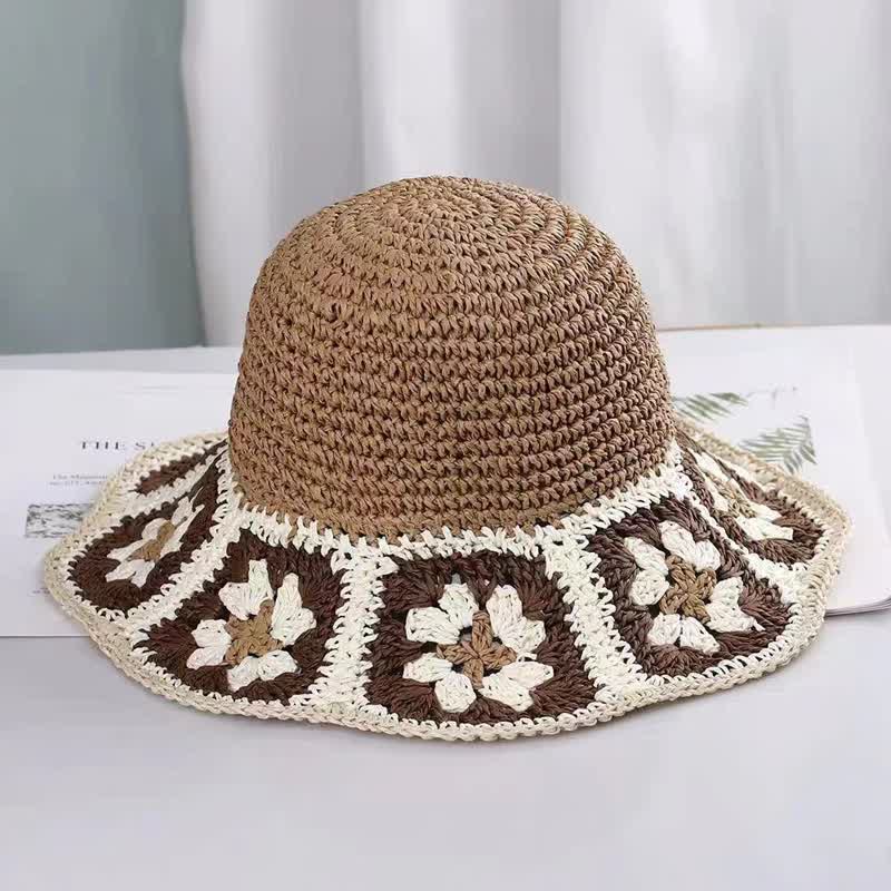 Chapeau de paille pliable en crochet à fleurs tissé pour femme