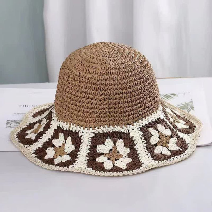 Chapeau de paille pliable en crochet à fleurs tissé pour femme