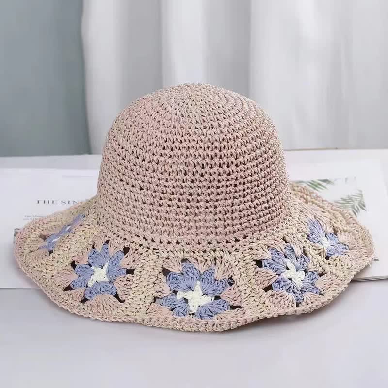 Chapeau de paille pliable en crochet à fleurs tissé pour femme