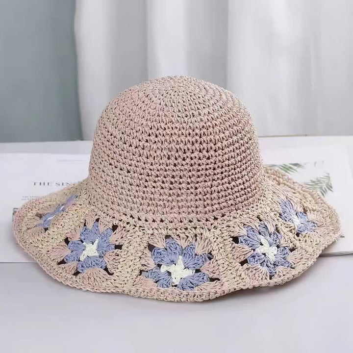 Chapeau de paille pliable en crochet à fleurs tissé pour femme