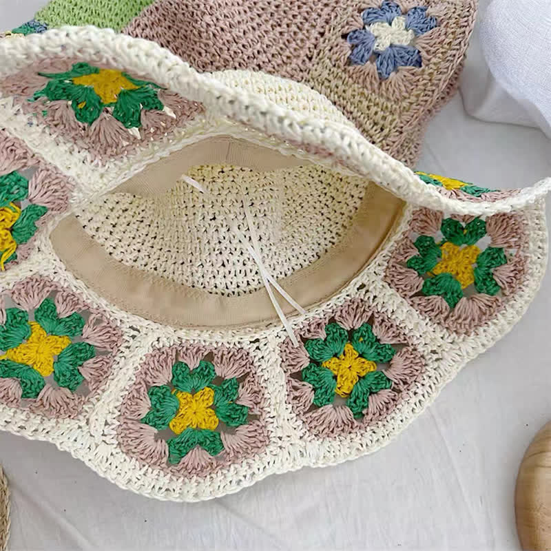 Chapeau de paille pliable en crochet à fleurs tissé pour femme