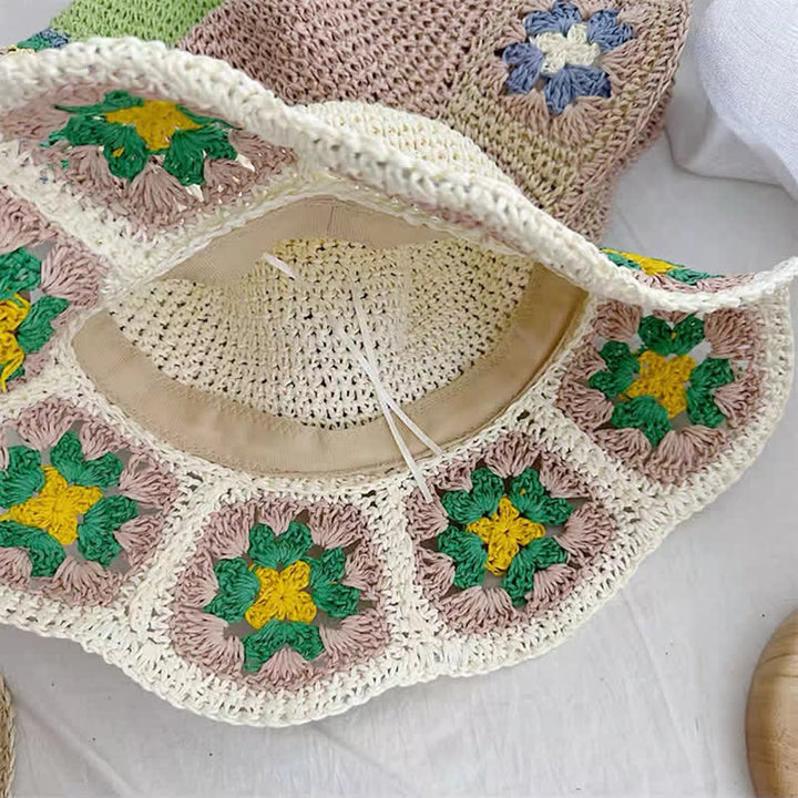 Chapeau de paille pliable en crochet à fleurs tissé pour femme