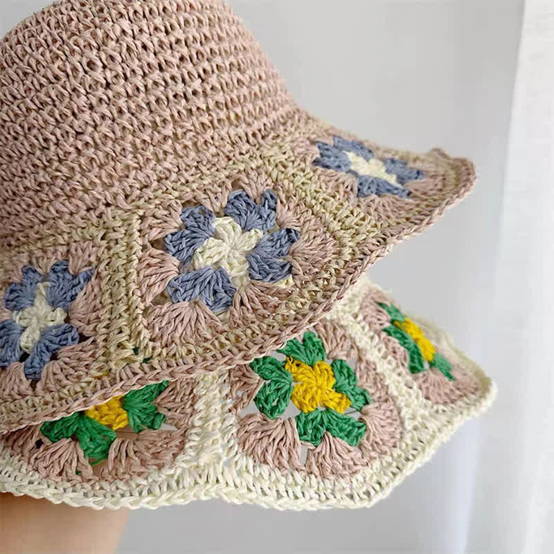 Chapeau de paille pliable en crochet à fleurs tissé pour femme