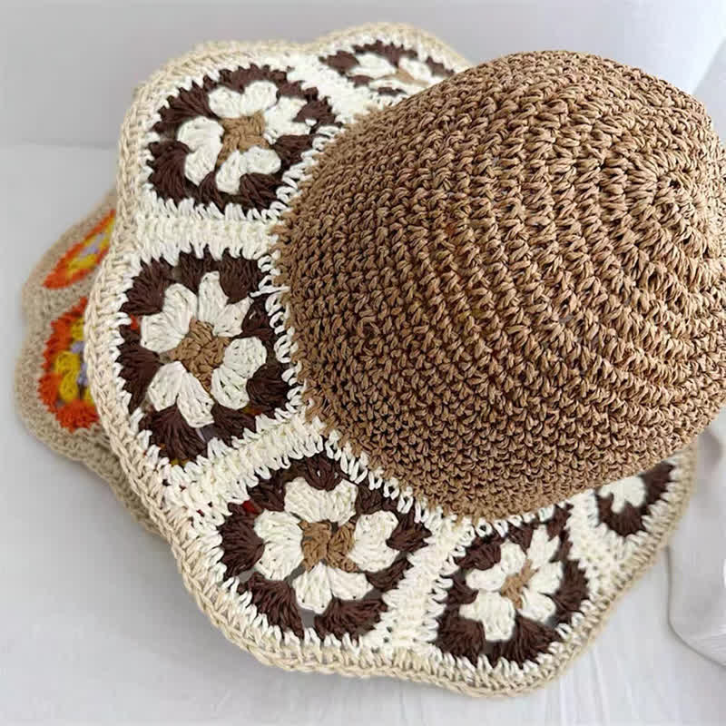 Chapeau de paille pliable en crochet à fleurs tissé pour femme