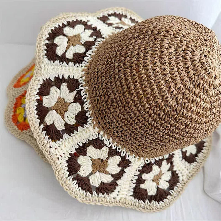 Chapeau de paille pliable en crochet à fleurs tissé pour femme