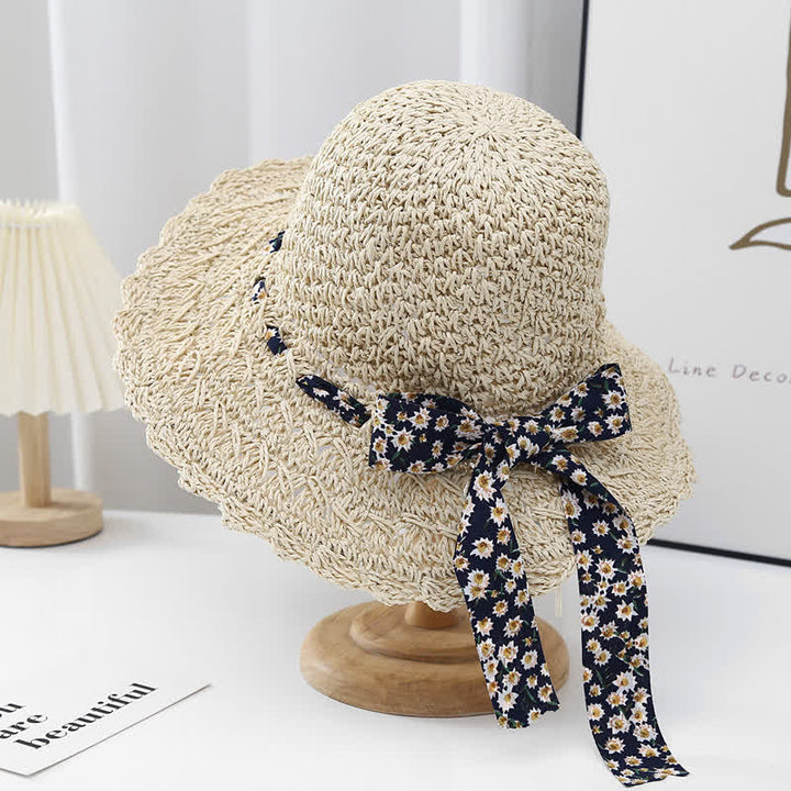 Chapeau de paille pliable à petits rubans floraux pour femme