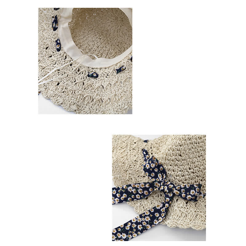 Chapeau de paille pliable à petits rubans floraux pour femme