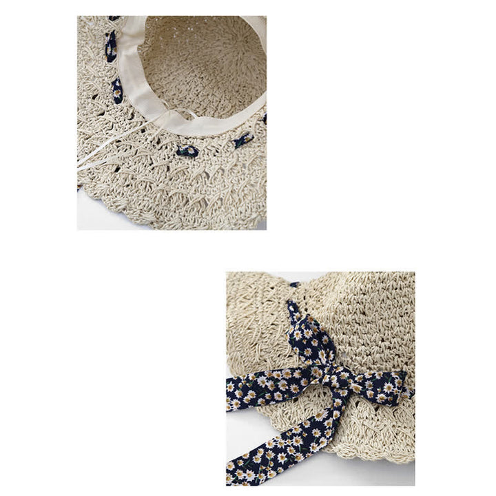 Chapeau de paille pliable à petits rubans floraux pour femme