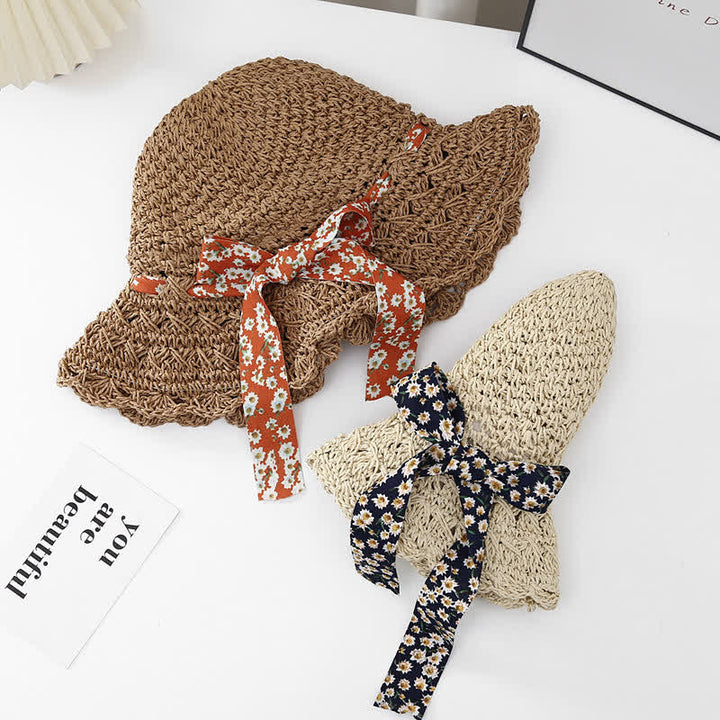 Chapeau de paille pliable à petits rubans floraux pour femme
