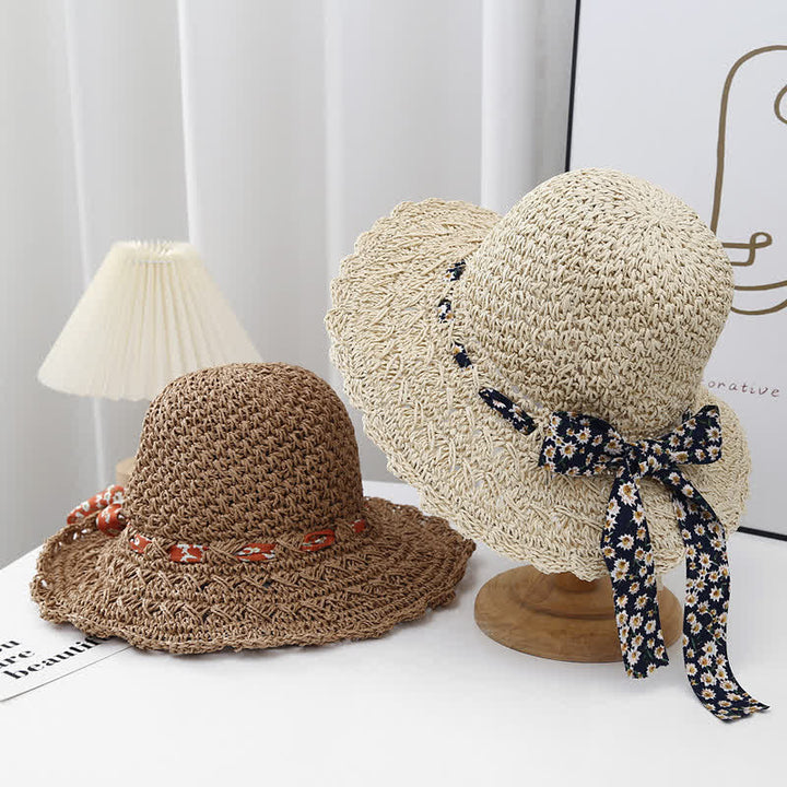 Chapeau de paille pliable à petits rubans floraux pour femme