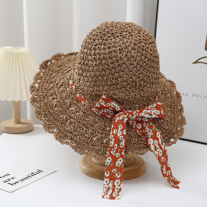 Chapeau de paille pliable à petits rubans floraux pour femme
