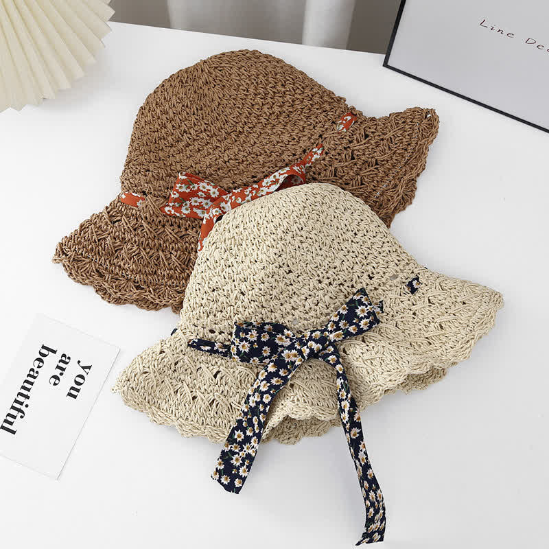 Chapeau de paille pliable à petits rubans floraux pour femme