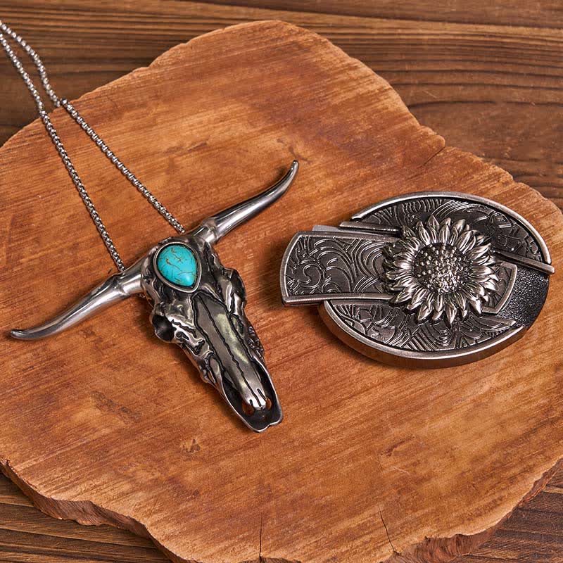 Ensemble de boucles de ceinture et pendentifs en forme de taureau turquoise, couteau caché, thème tournesol