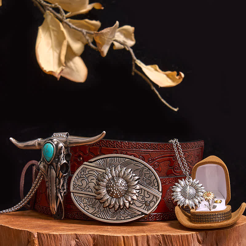 Ensemble de boucles de ceinture et pendentifs en forme de taureau turquoise, couteau caché, thème tournesol