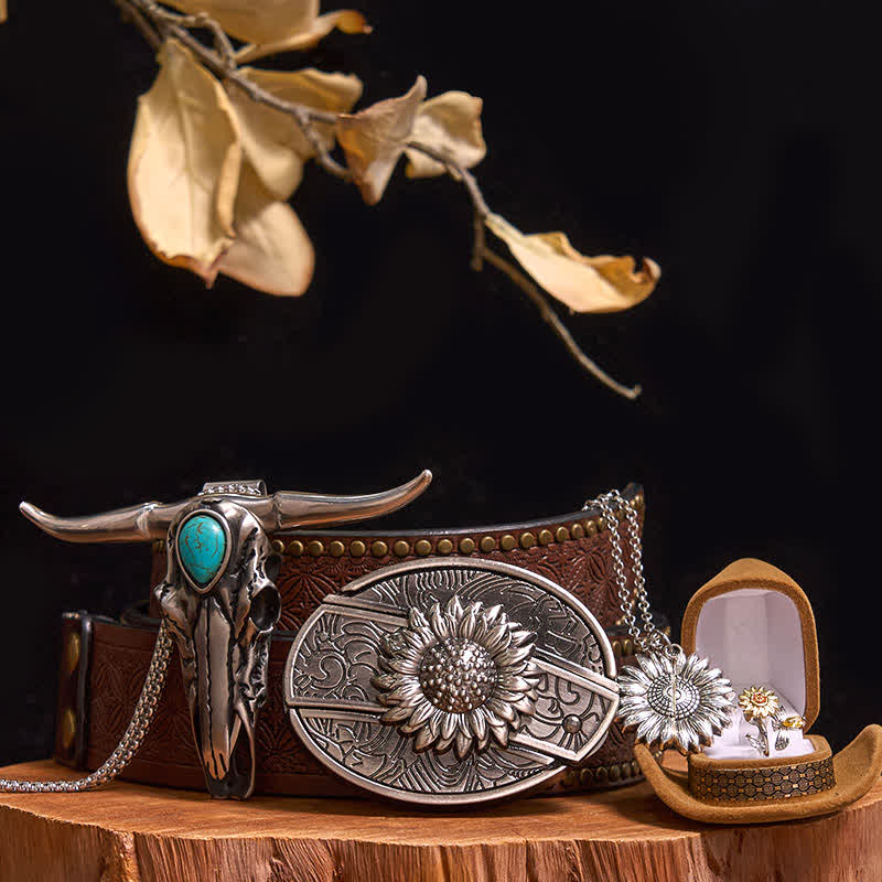 Ensemble de boucles de ceinture et pendentifs en forme de taureau turquoise, couteau caché, thème tournesol