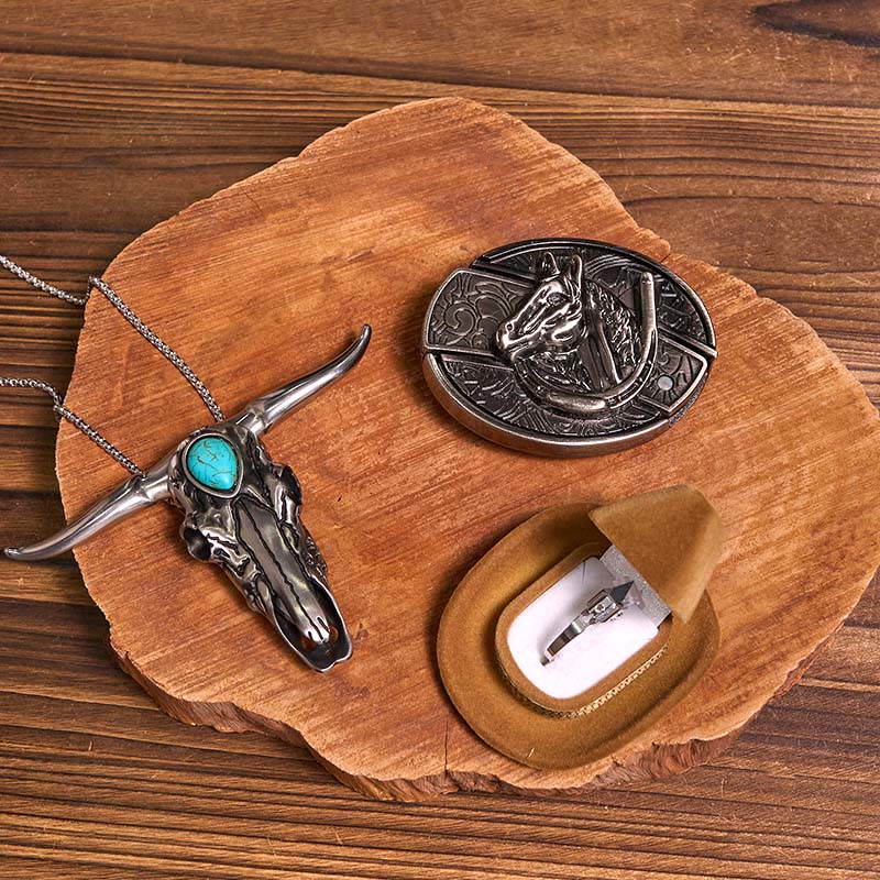 Ensemble de boucles de ceinture et de pendentifs de taureau turquoise, couteau caché à faire soi-même