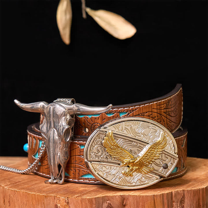 Ensemble de pendentifs en forme de taureau à longues cornes, avec boucle de ceinture et couteau caché, en or et en argent
