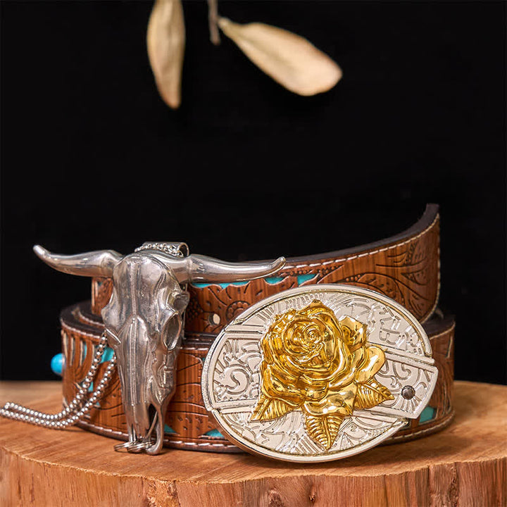 Ensemble de pendentifs en forme de taureau à longues cornes, avec boucle de ceinture et couteau caché, en or et en argent