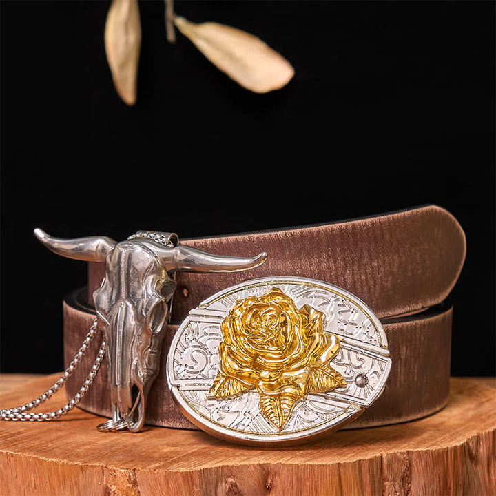 Ensemble de pendentifs en forme de taureau à longues cornes, avec boucle de ceinture et couteau caché, en or et en argent