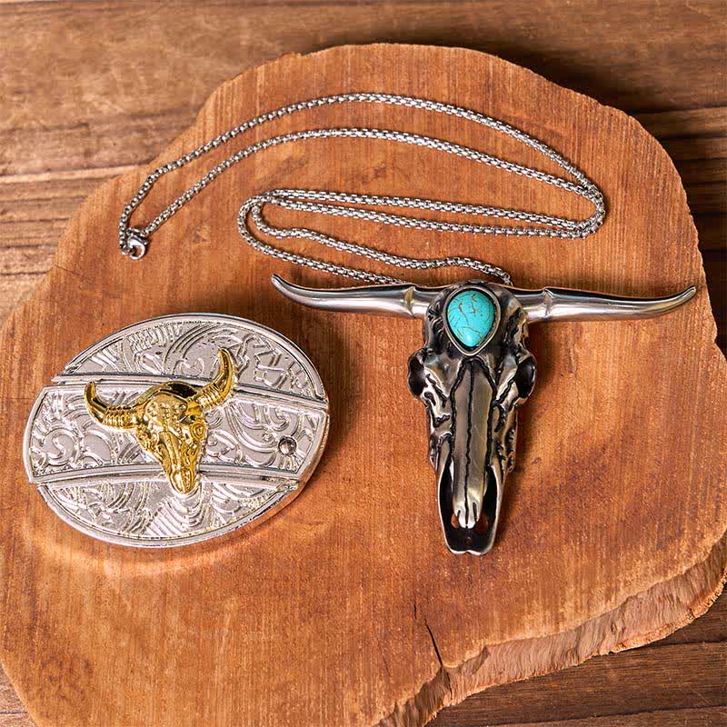 Ensemble de boucles de ceinture à couteau caché en or et argent, pendentif turquoise à longue corne
