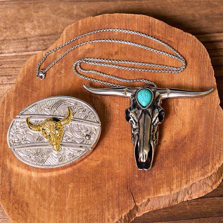 Ensemble de boucles de ceinture à couteau caché en or et argent, pendentif turquoise à longue corne