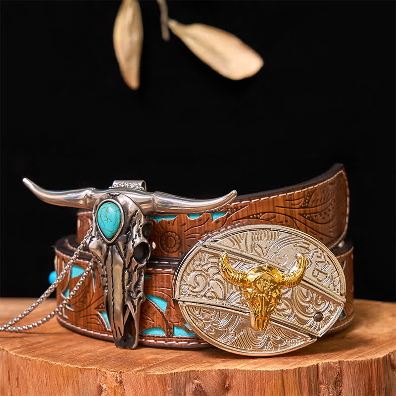 Ensemble de boucles de ceinture à couteau caché en or et argent, pendentif turquoise à longue corne