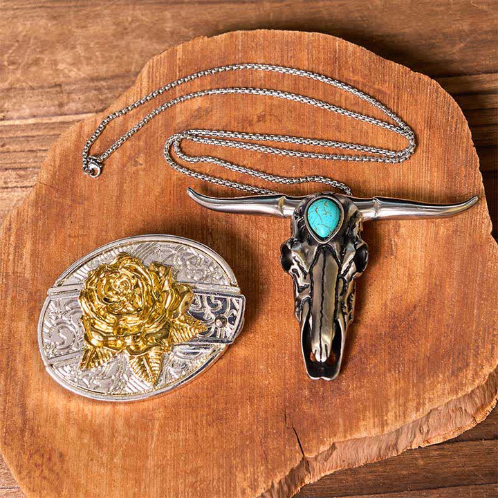 Ensemble de boucles de ceinture à couteau caché en or et argent, pendentif turquoise à longue corne