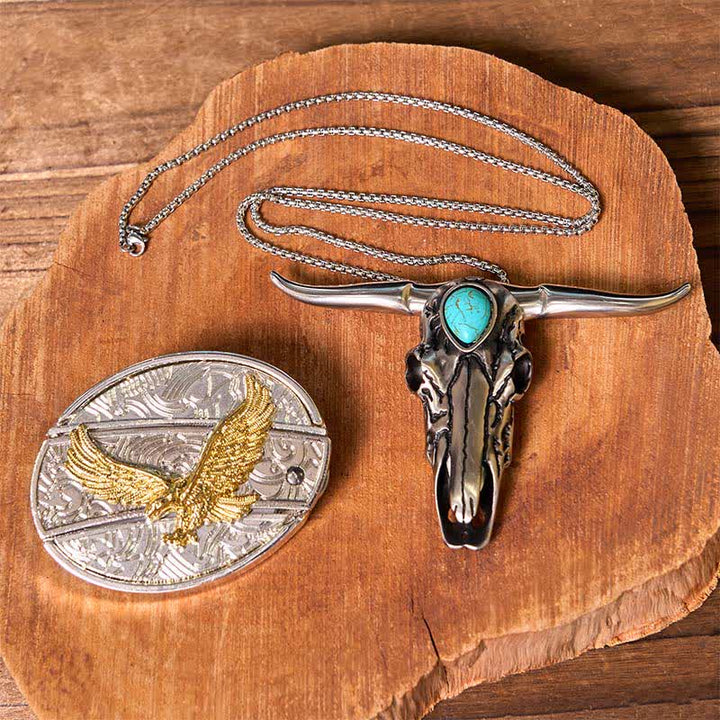 Ensemble de boucles de ceinture à couteau caché en or et argent, pendentif turquoise à longue corne