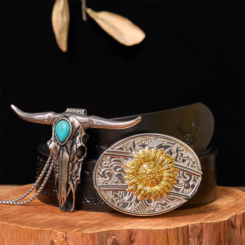 Ensemble de boucles de ceinture à couteau caché en or et argent, pendentif turquoise à longue corne