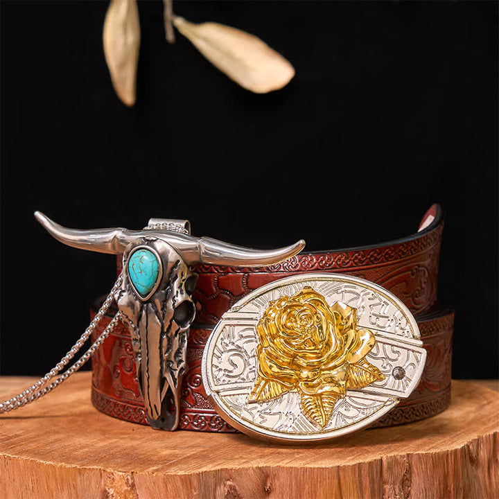 Ensemble de boucles de ceinture à couteau caché en or et argent, pendentif turquoise à longue corne
