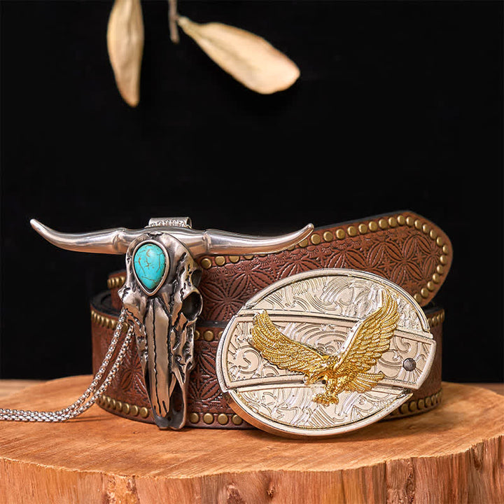 Ensemble de boucles de ceinture à couteau caché en or et argent, pendentif turquoise à longue corne