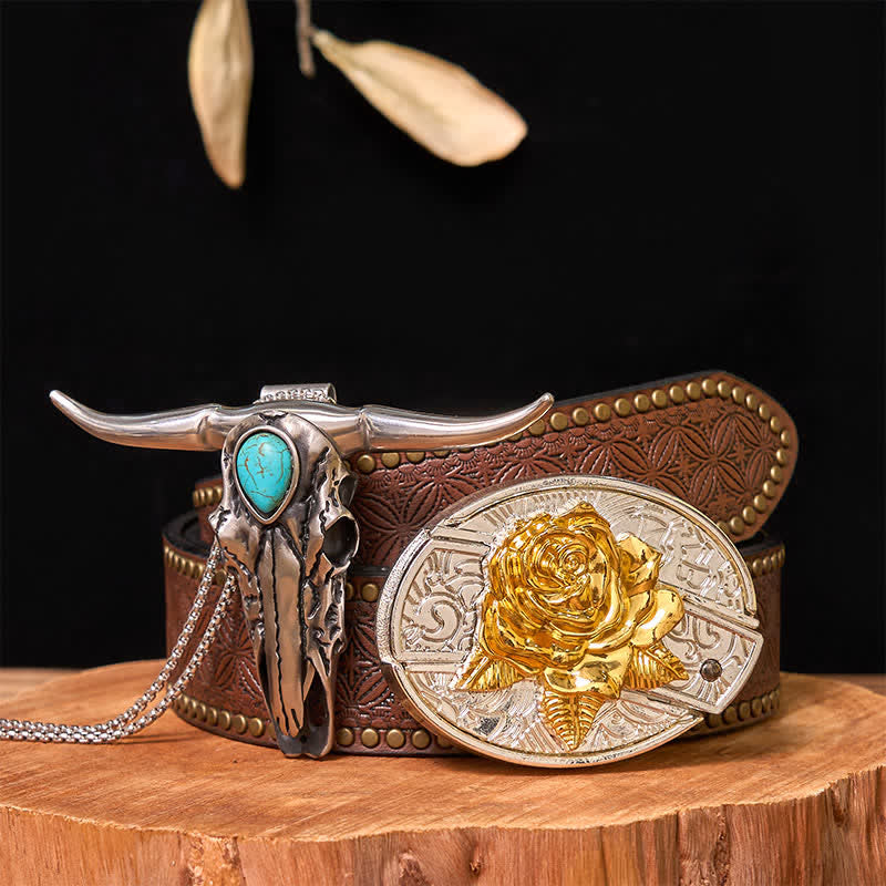 Ensemble de boucles de ceinture à couteau caché en or et argent, pendentif turquoise à longue corne