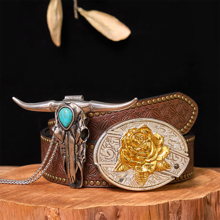 Ensemble de boucles de ceinture à couteau caché en or et argent, pendentif turquoise à longue corne