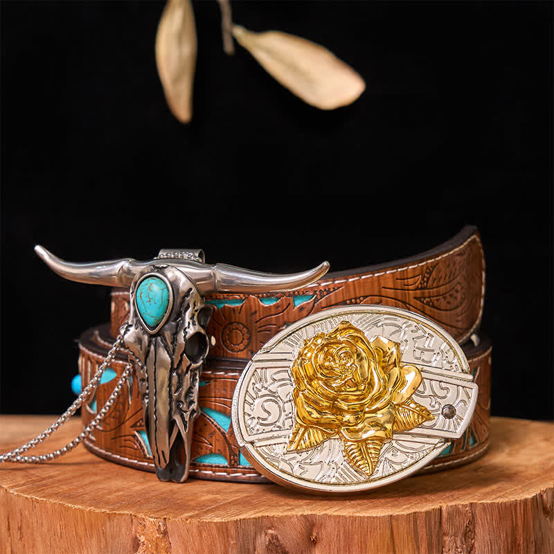 Ensemble de boucles de ceinture à couteau caché en or et argent, pendentif turquoise à longue corne