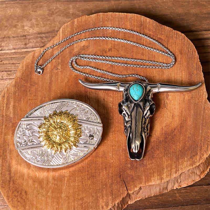 Ensemble de boucles de ceinture à couteau caché en or et argent, pendentif turquoise à longue corne