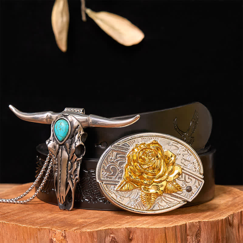 Ensemble de boucles de ceinture à couteau caché en or et argent, pendentif turquoise à longue corne