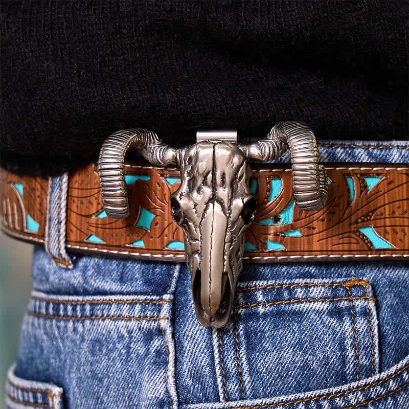 Boucle de ceinture multifonction avec pendentif en forme de crâne de mouton argenté