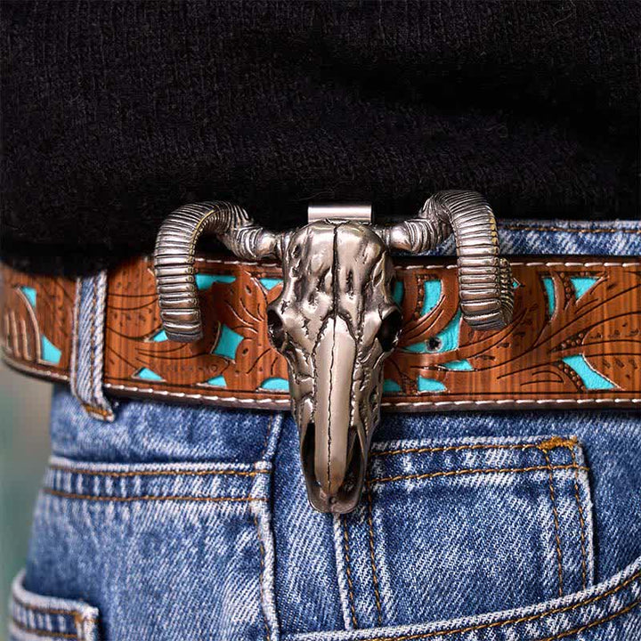 Boucle de ceinture multifonction avec pendentif en forme de crâne de mouton argenté